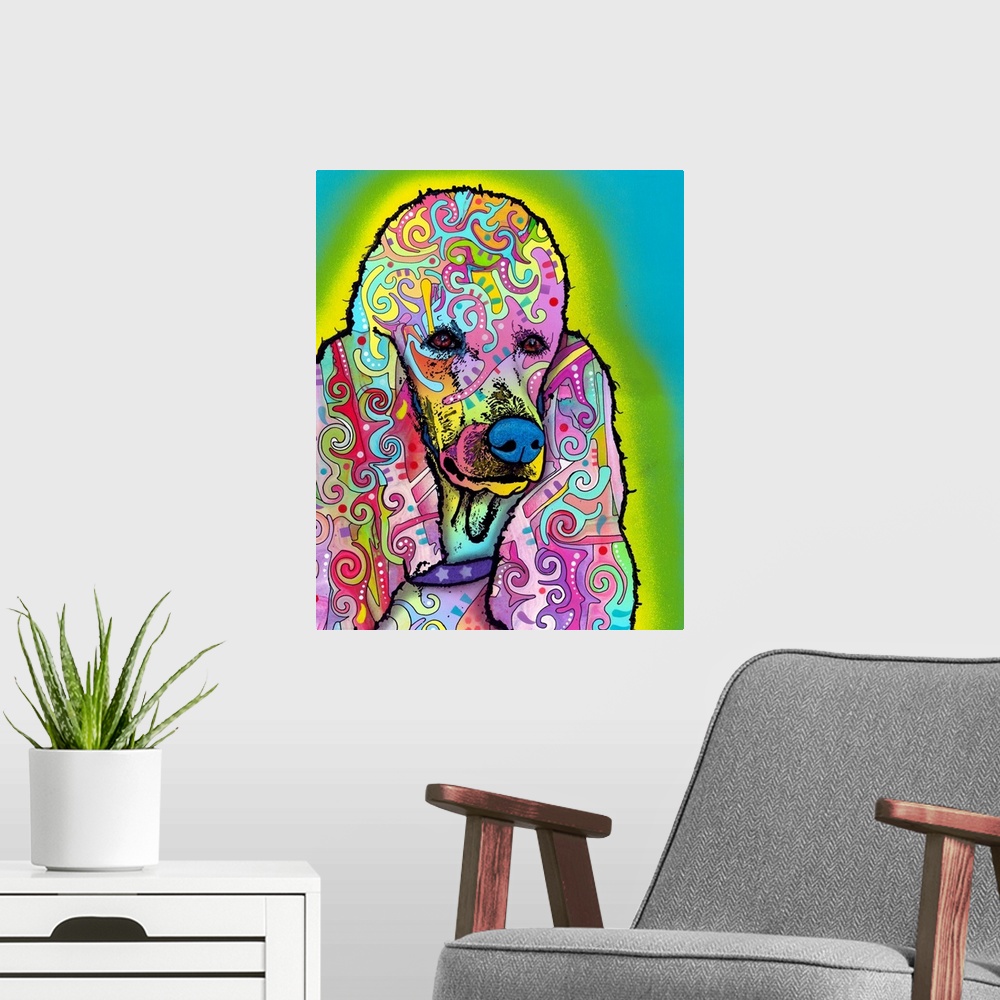 A modern room featuring Pop art style painting of a colorful poodle with abstract designs all over on a blue background w...
