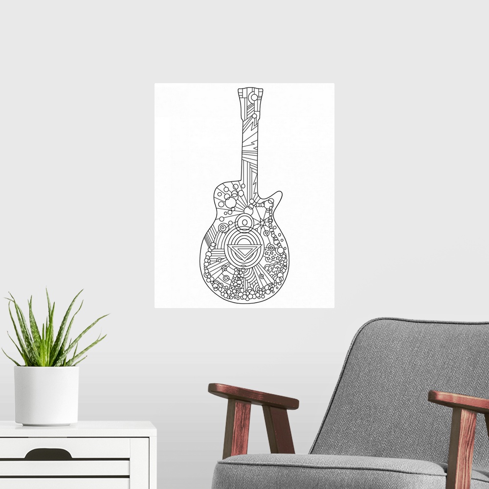 A modern room featuring Black and white line art of a guitar.