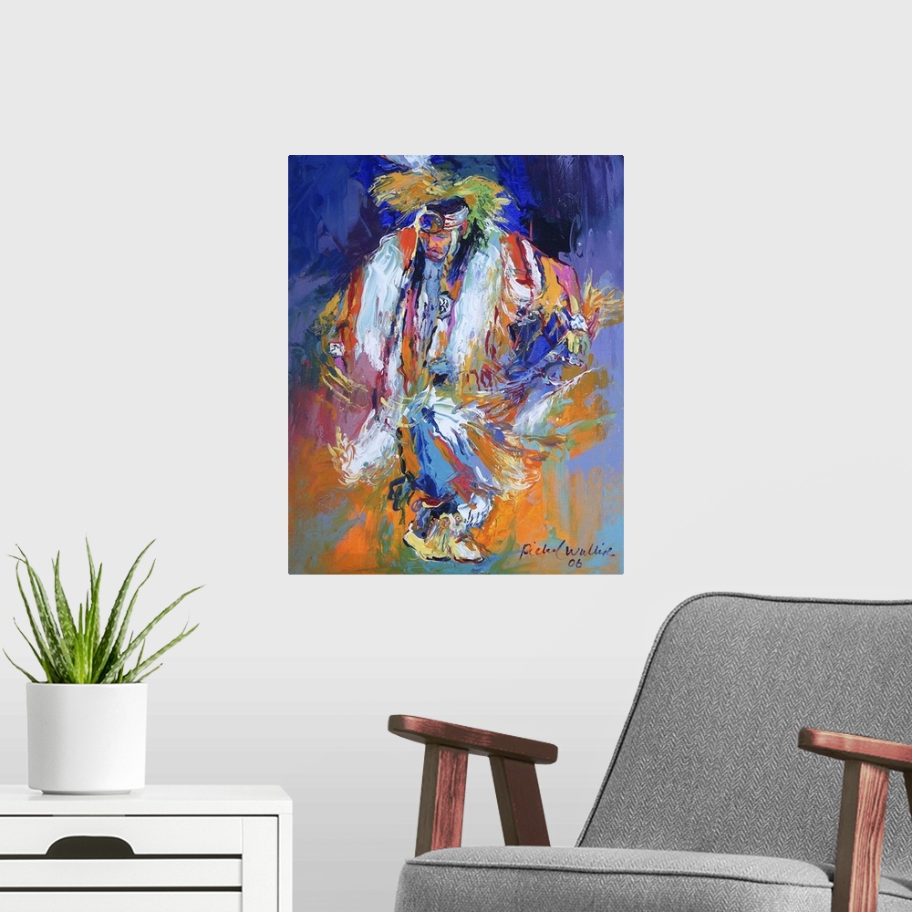 A modern room featuring Contemporary vibrant colorful painting of a traditionally dressed native American.