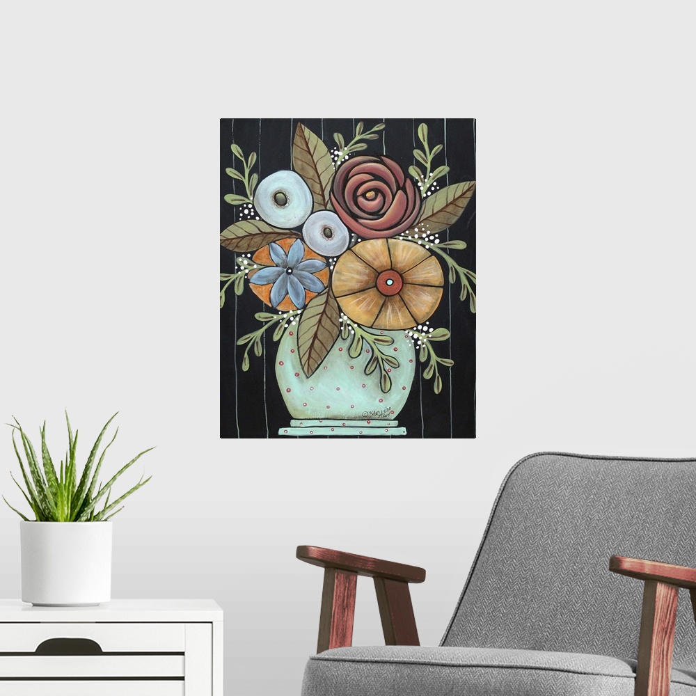 A modern room featuring Contemporary painting of a vase of colorful flowers, including a rose, against a black background.