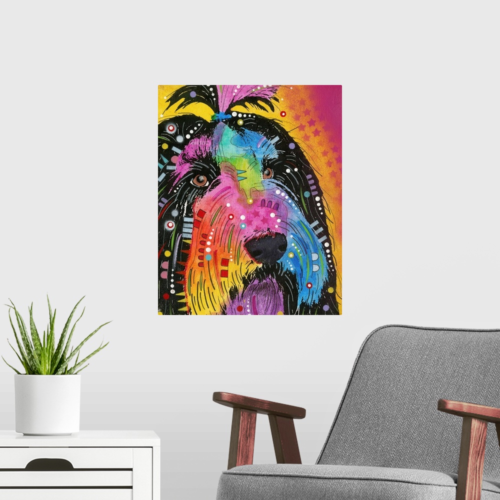 A modern room featuring Colorful painting of a Havanese with abstract markings on a pink and yellow background with a sta...