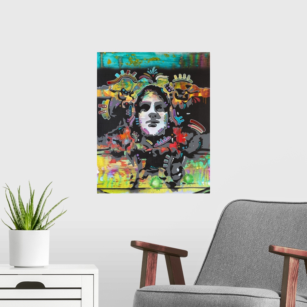 A modern room featuring Psychedelic illustration of a face and a colorful background.