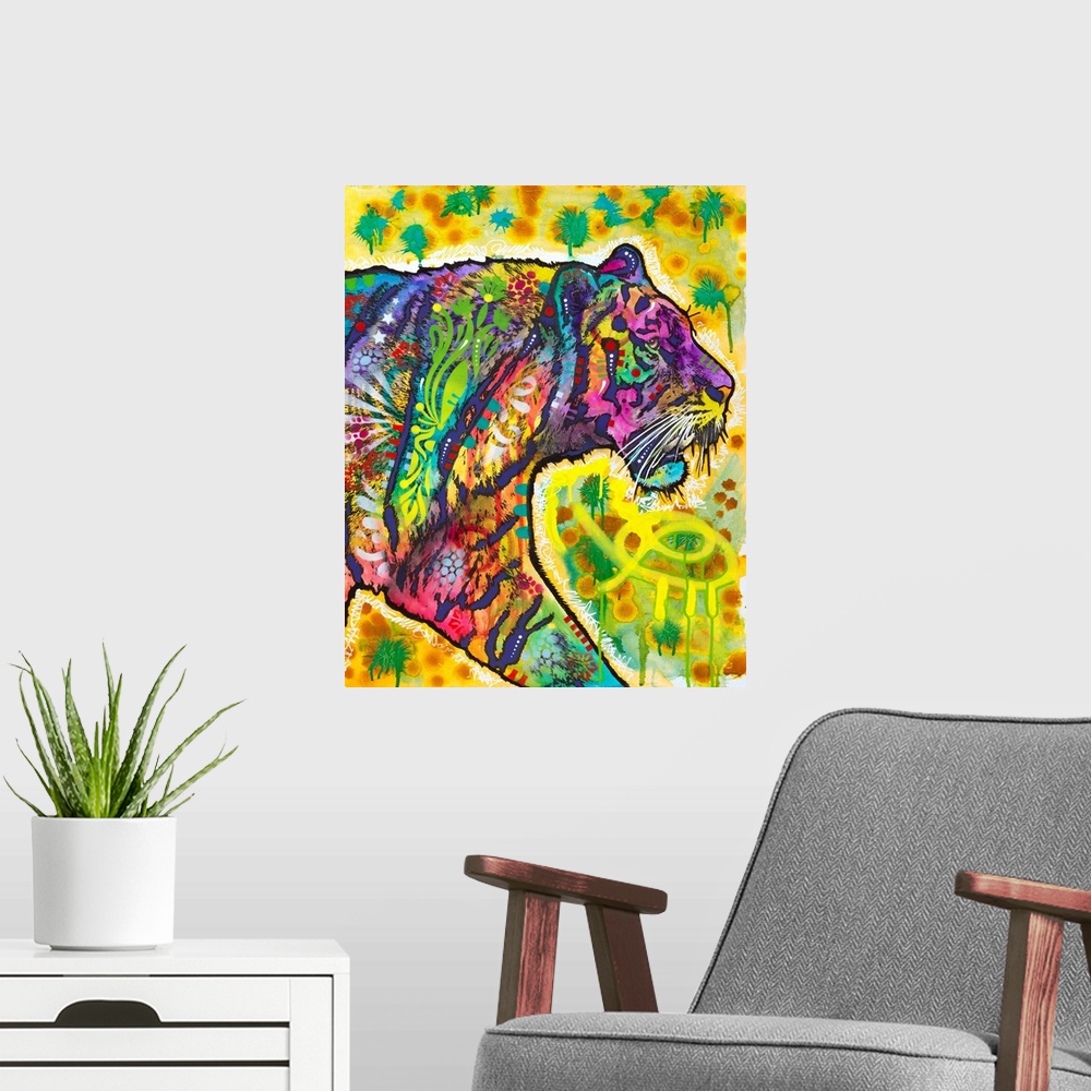 A modern room featuring Contemporary stencil painting of a tiger filled with various colors and patterns.