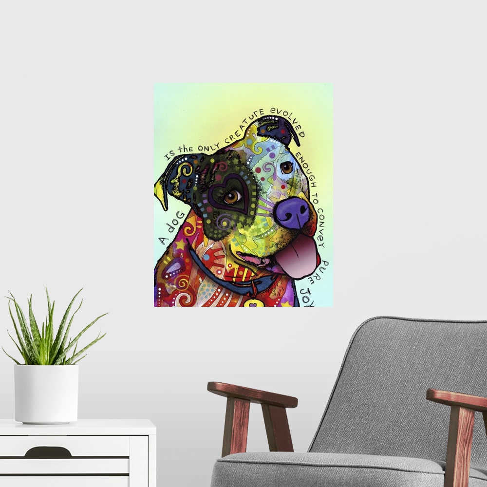 A modern room featuring Contemporary abstract painting of a dog with various patterns and colors representing his fur.