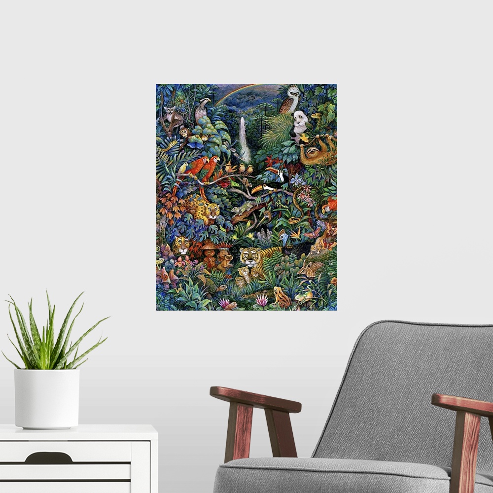 A modern room featuring Portrait of animals of South American rainforest.
