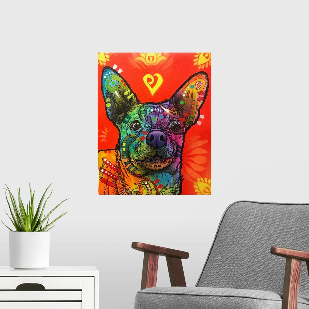 A modern room featuring Contemporary stencil painting of a chihuahua filled with various colors and patterns.