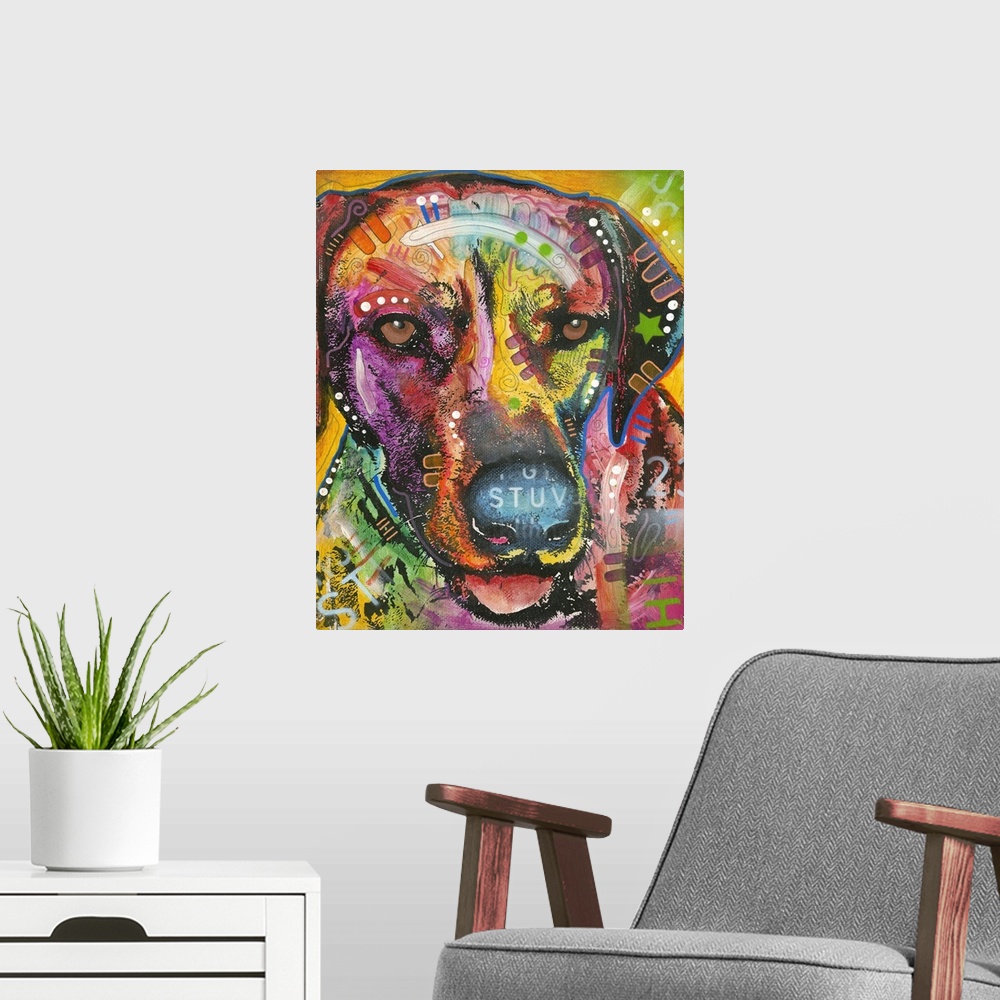 A modern room featuring Colorful painting of a Retriever with graffiti-like designs all over.