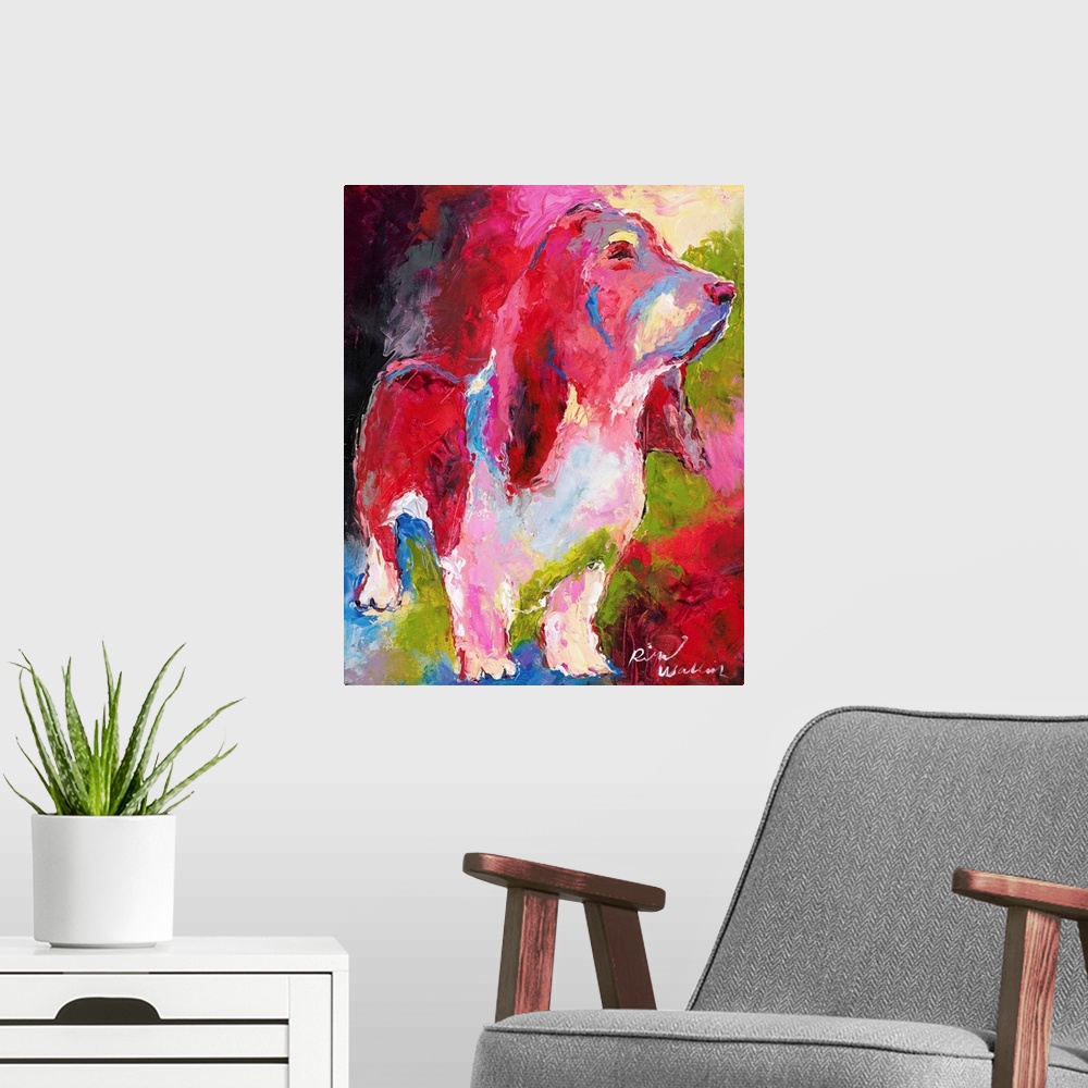 A modern room featuring Colorful abstract painting of a basset hound in pink, green, and blue hues.