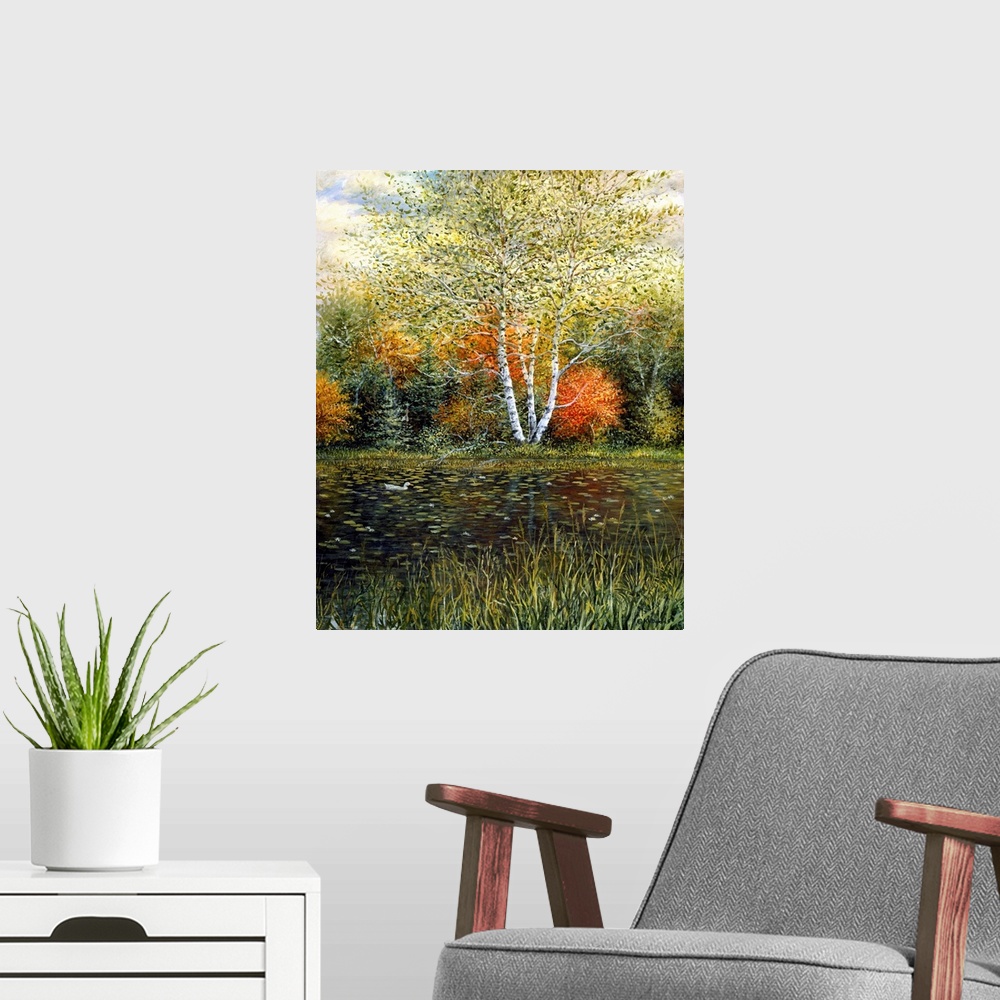 A modern room featuring Contemporary artwork of autumn trees reflecting in pond