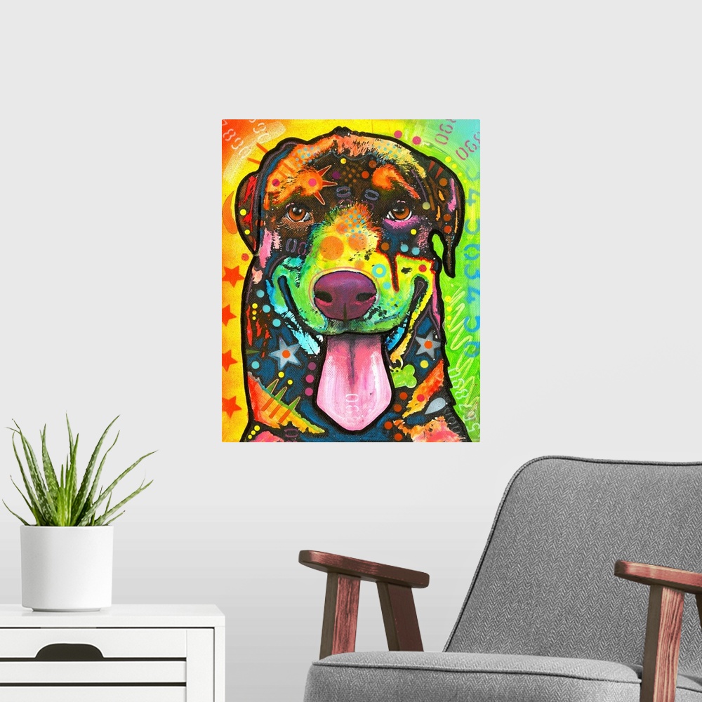 A modern room featuring Colorful painting of a Rottweiler with abstract marking and designs all over.