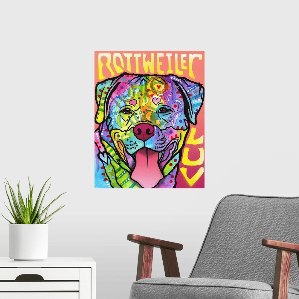 A modern room featuring "Rottweiler Luv" written around a colorful painting of a Rottweiler with abstract markings.