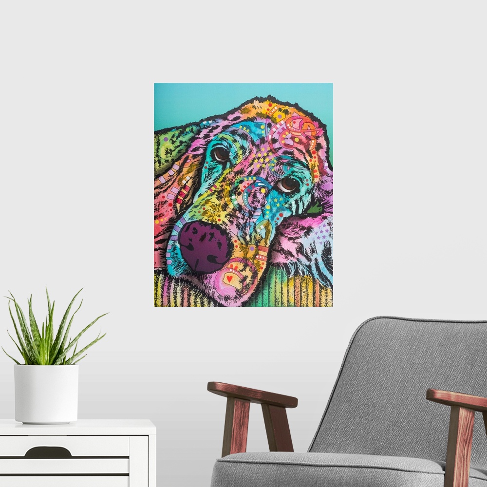 A modern room featuring Pop art style painting of an Irish Setter resting its head with colorful abstract designs on a bl...