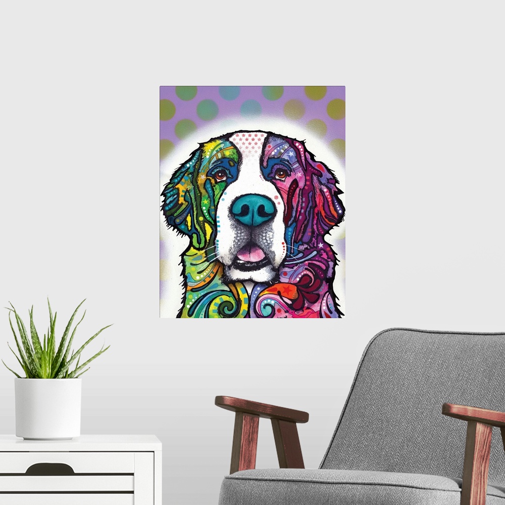 A modern room featuring Colorful illustration of a Saint Bernard with playful designs on a purple background with blue, g...