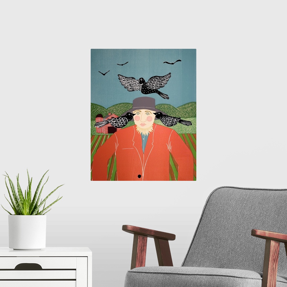 A modern room featuring Illustration of a scarecrow in a field surrounded by black crows with a red barn in the background.