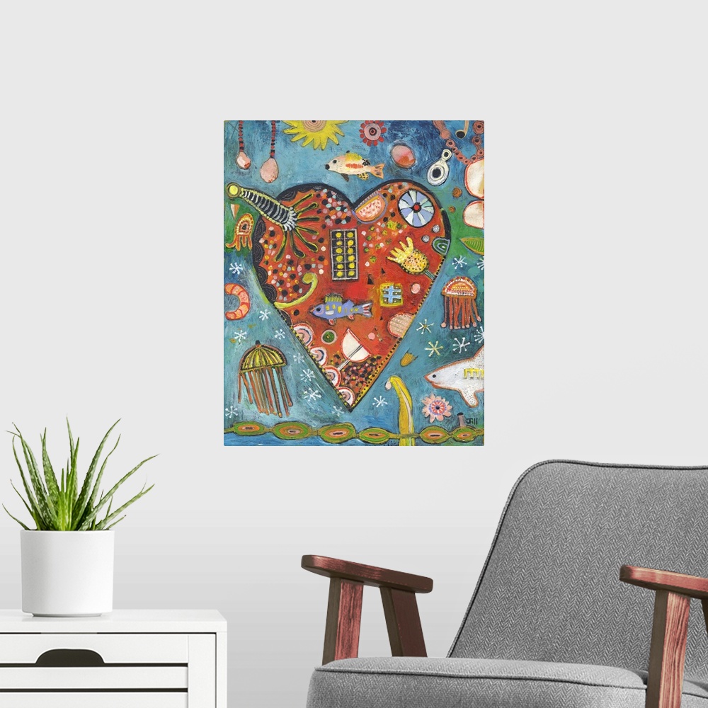 A modern room featuring Lighthearted contemporary painting of a heart with a collage of marine life inside.