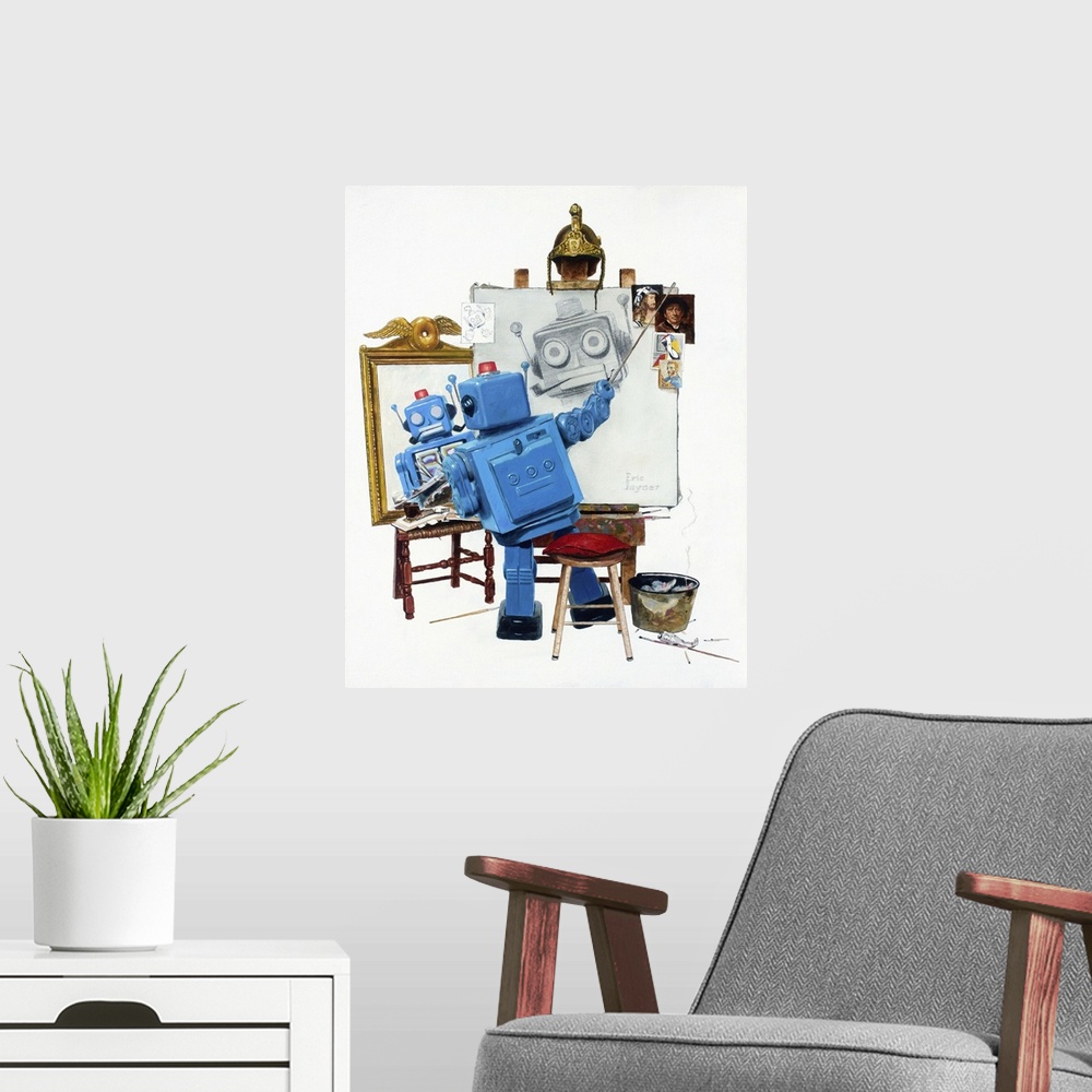 A modern room featuring A contemporary painting of a blue retro toy robot painting himself while looking into a mirror re...