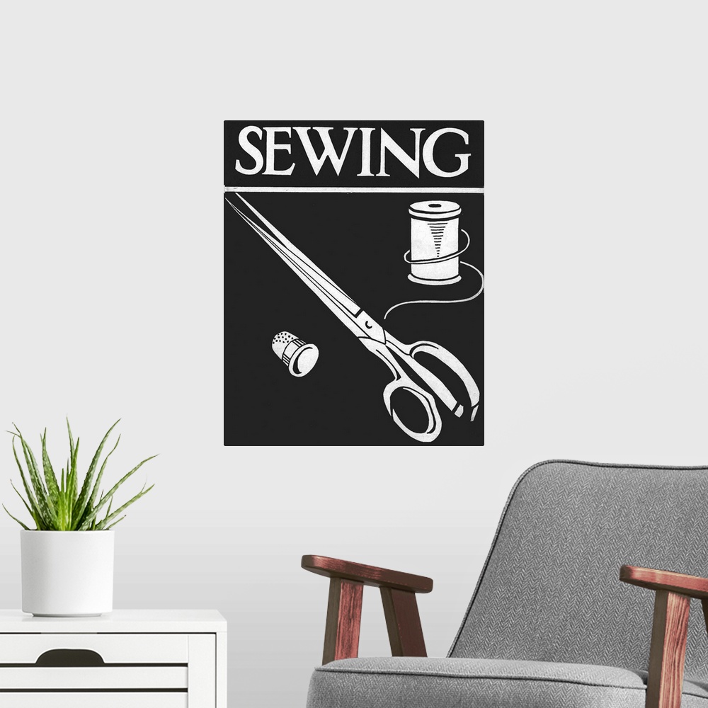 A modern room featuring Vintage poster advertisement for Sew Fine.