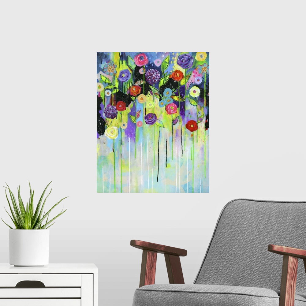 A modern room featuring Contemporary painting with vibrant flowers at the top with stems and paint dripping down to the b...
