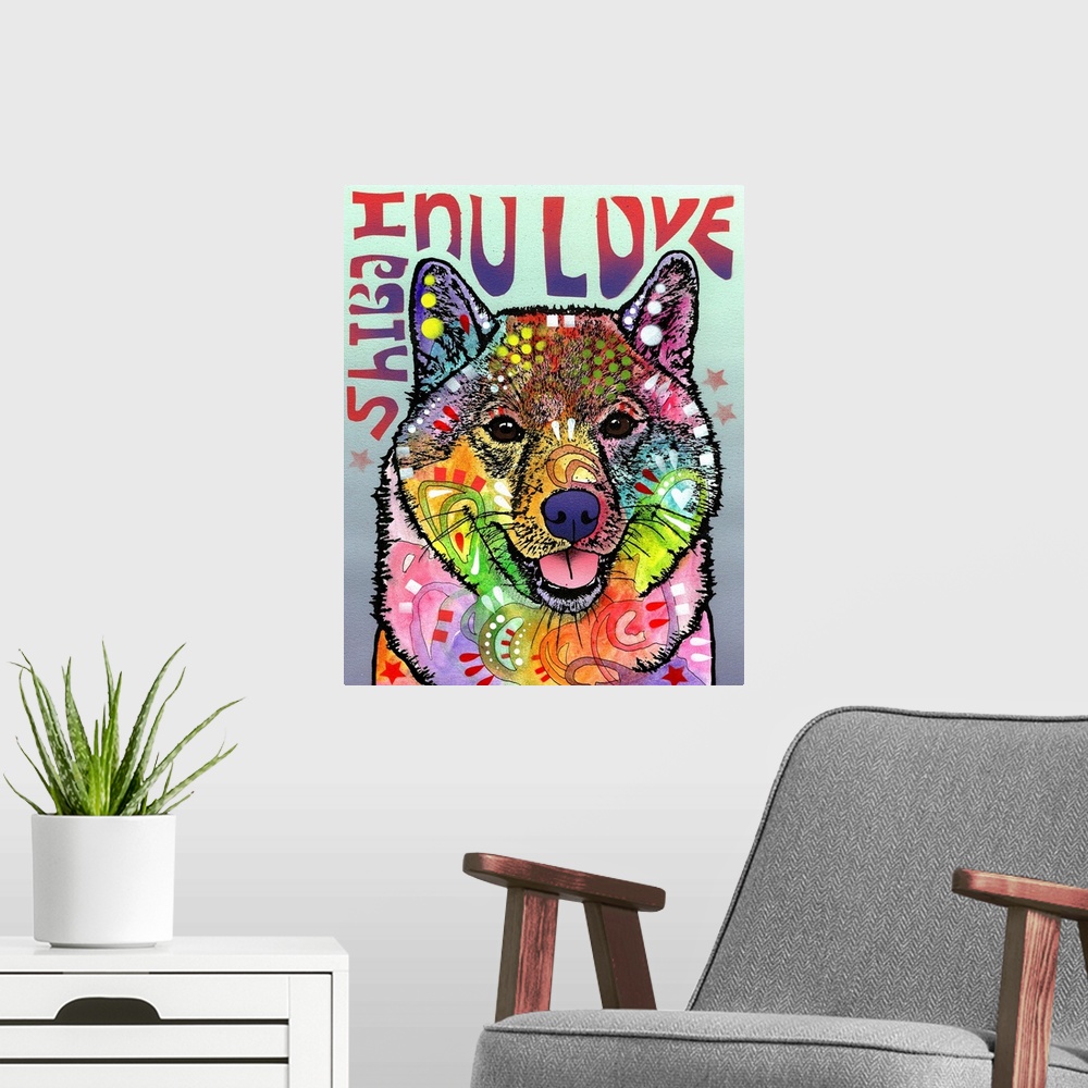 A modern room featuring "Shiba Inu Luv" written around a colorful painting of a Shiba Inu with abstract markings.
