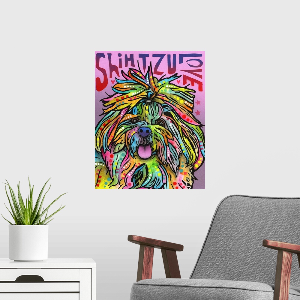 A modern room featuring "Shih Tzu Love" written around a colorful painting of a Shih Tzu with abstract markings on a purp...