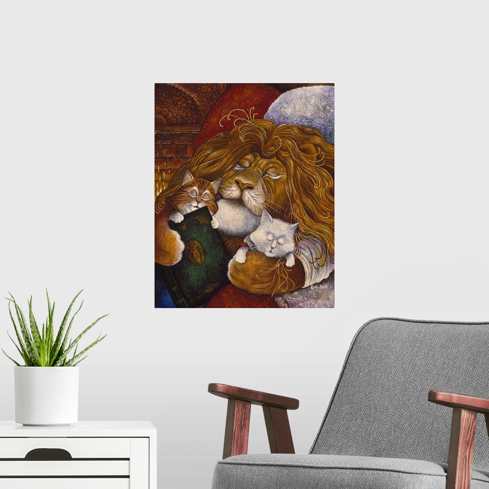 A modern room featuring Lion sleeping with cats.