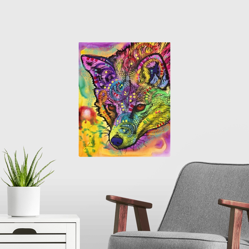 A modern room featuring Vibrant illustration of a colorful wolf with graffiti-like designs all over.