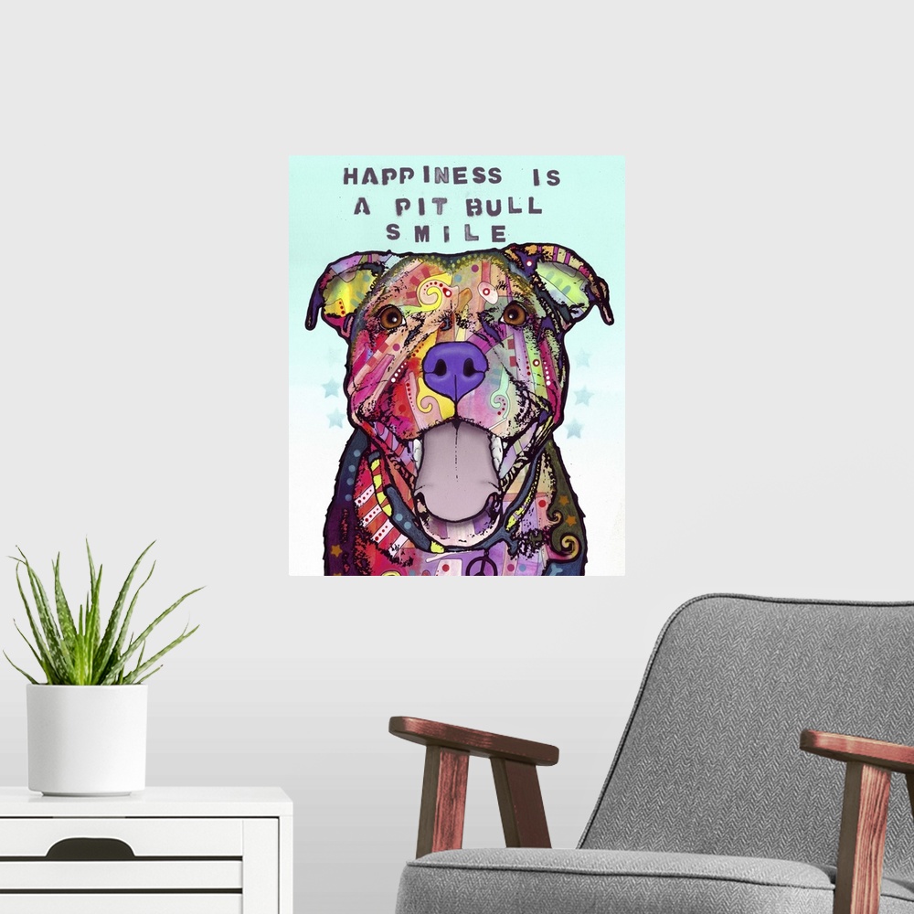 A modern room featuring Happiness is the Pit Bull smile.