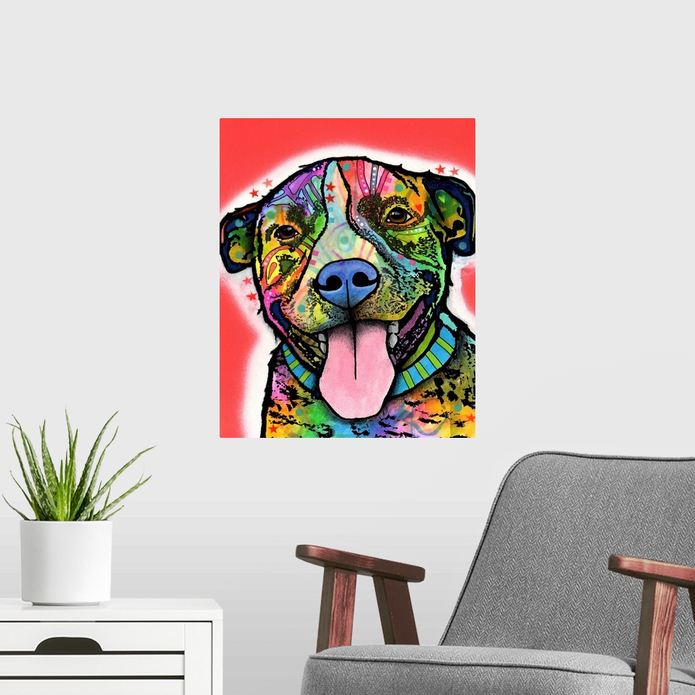 A modern room featuring Contemporary stencil painting of a smiling pit bull filled with various colors and patterns.