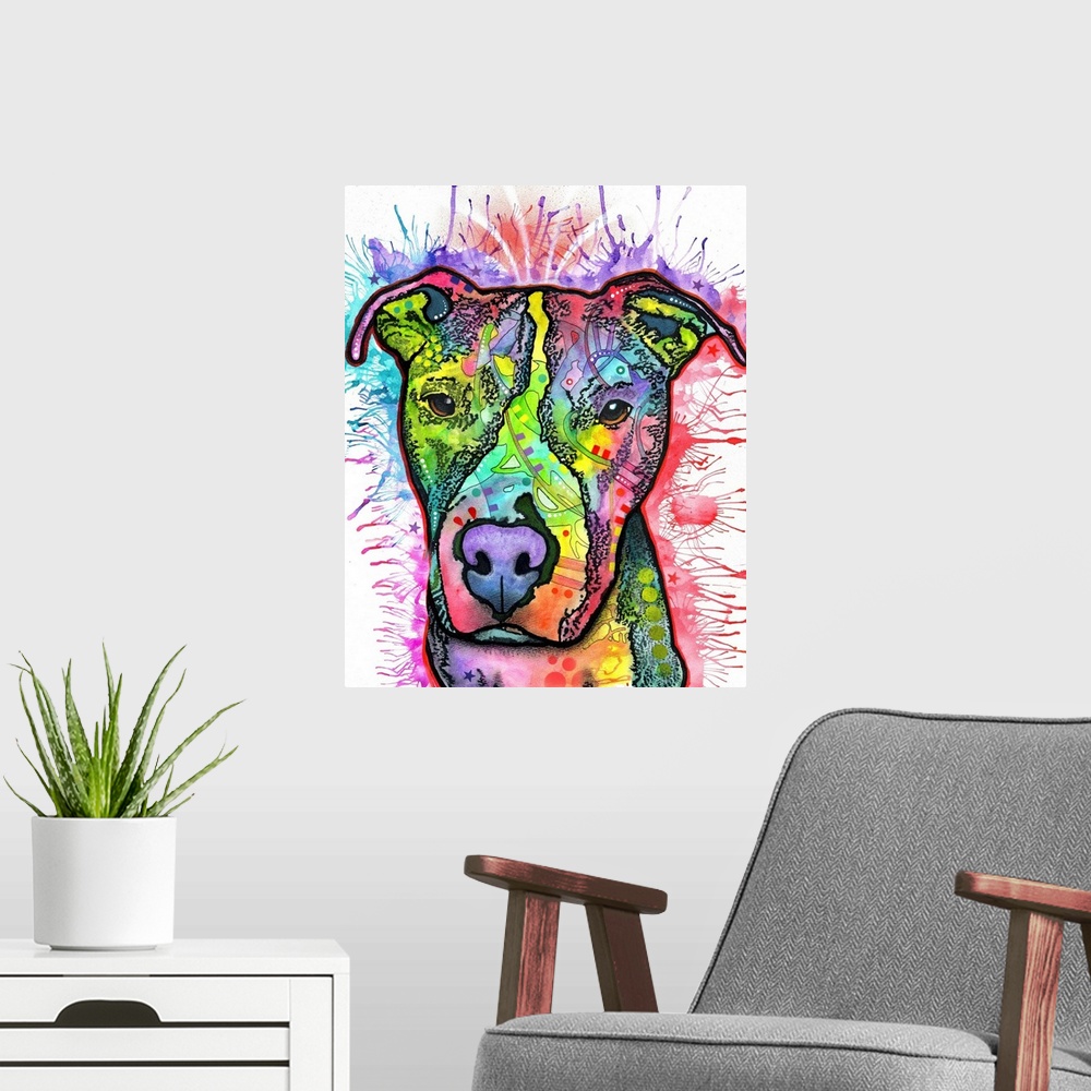 A modern room featuring Contemporary stencil painting of a pit bull filled with various colors and patterns.