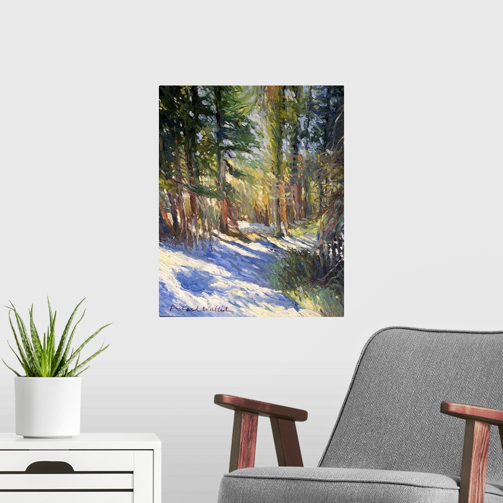 A modern room featuring Contemporary painting of a snowy path through a forest.
