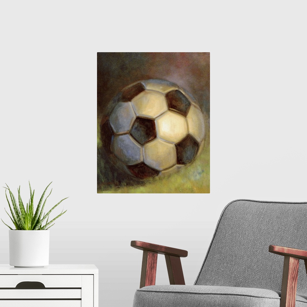 A modern room featuring Contemporary still-life painting of a soccer ball sitting on grass.