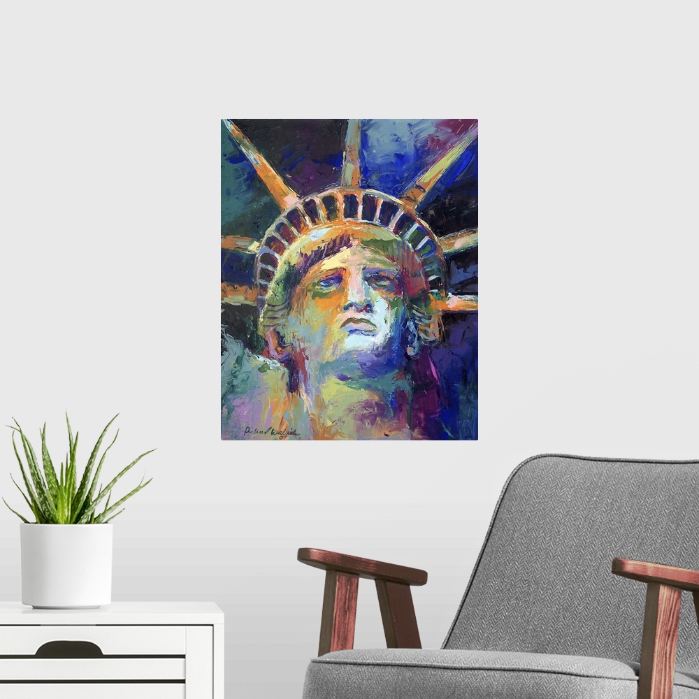 A modern room featuring Contemporary vibrant colorful painting of the statue of liberty's head.