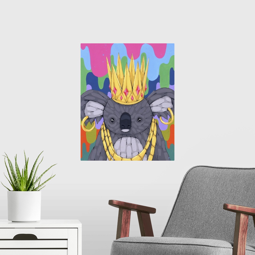 A modern room featuring Pop art painting of a koala wearing a crown and gold jewelry.
