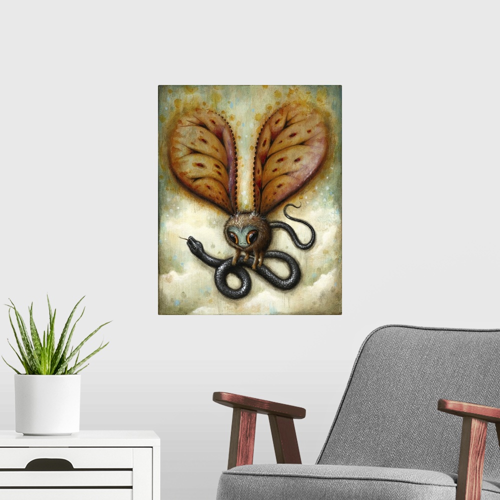 A modern room featuring Surrealist painting of a winged creature carrying a snake in the air.