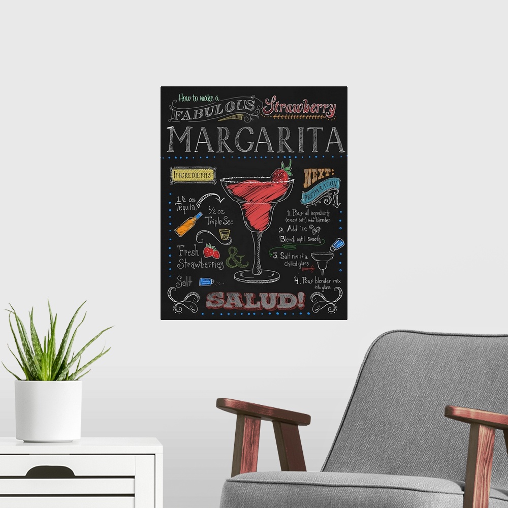 A modern room featuring Chalkboard-style sign with instructions and ingredients for making a strawberry margarita.