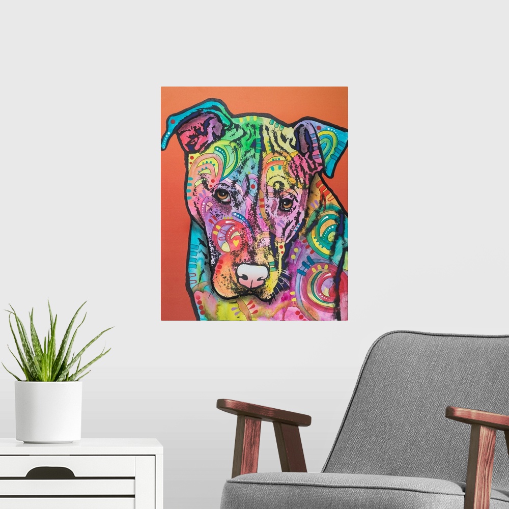 A modern room featuring Contemporary painting of an apologetic dog made with different colors and abstract designs on a r...