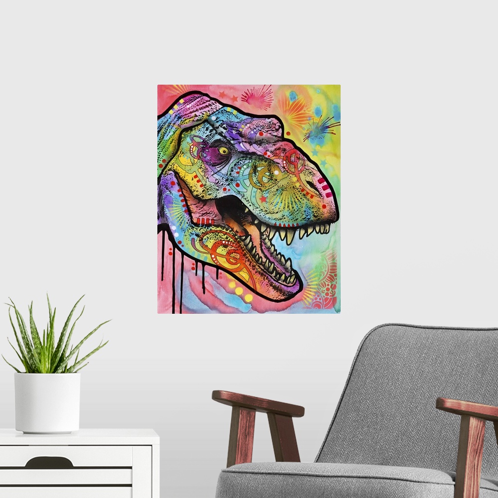 A modern room featuring Contemporary painting of a T-Rex head covered in colorful abstract designs.