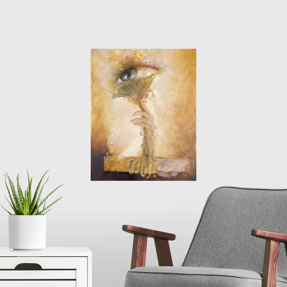 A modern room featuring A contemporary painting of a mystical looking image with a hand reaching up to an ethereal eye.