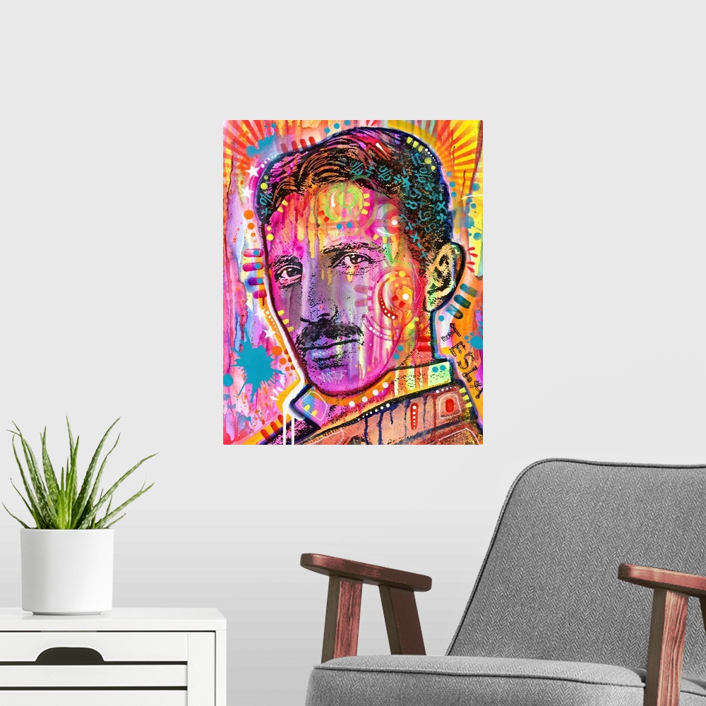 A modern room featuring Pop art style painting of Nikola Tesla in different colors and covered in abstract designs.