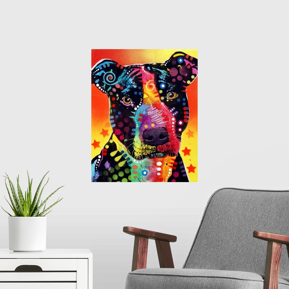 A modern room featuring Contemporary stencil painting of a pit bull filled with various colors and patterns.