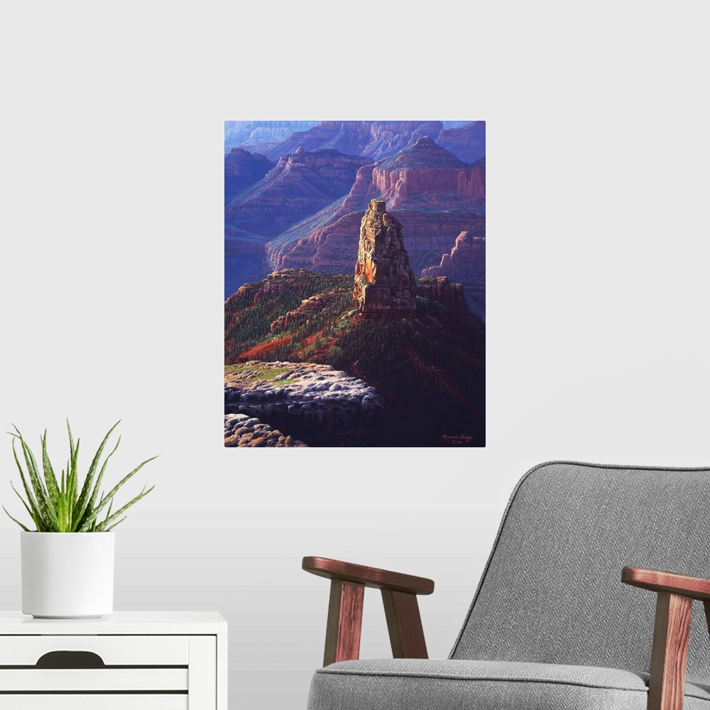 A modern room featuring A tall natural landmark stands against the backdrop of the canyon walls.