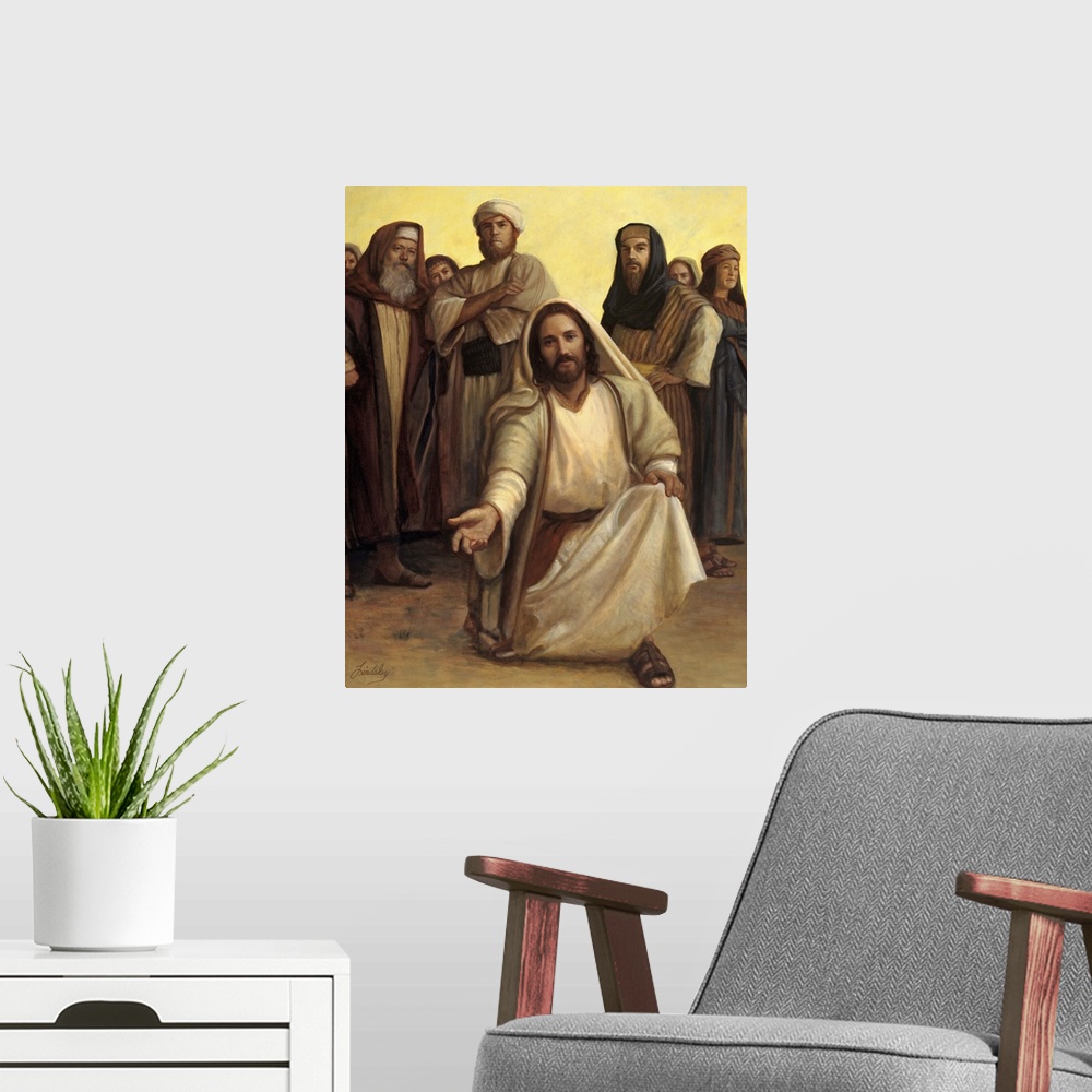 A modern room featuring Jesus kneeling on the ground with his hand out as a group of men stand behind him.