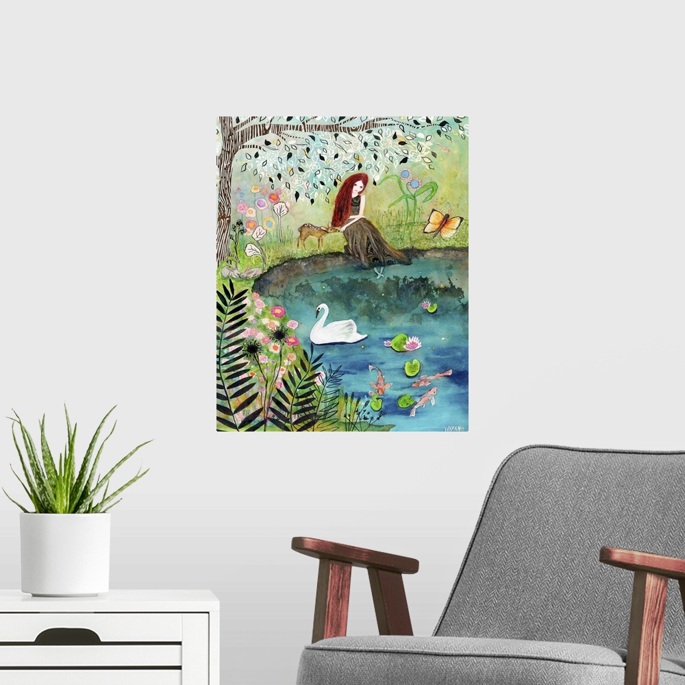 A modern room featuring A woman sitting beside a pond with a small deer under a tree.