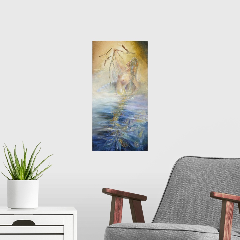 A modern room featuring A contemporary painting of a Mermaid breaching the surface of the water she resides in.