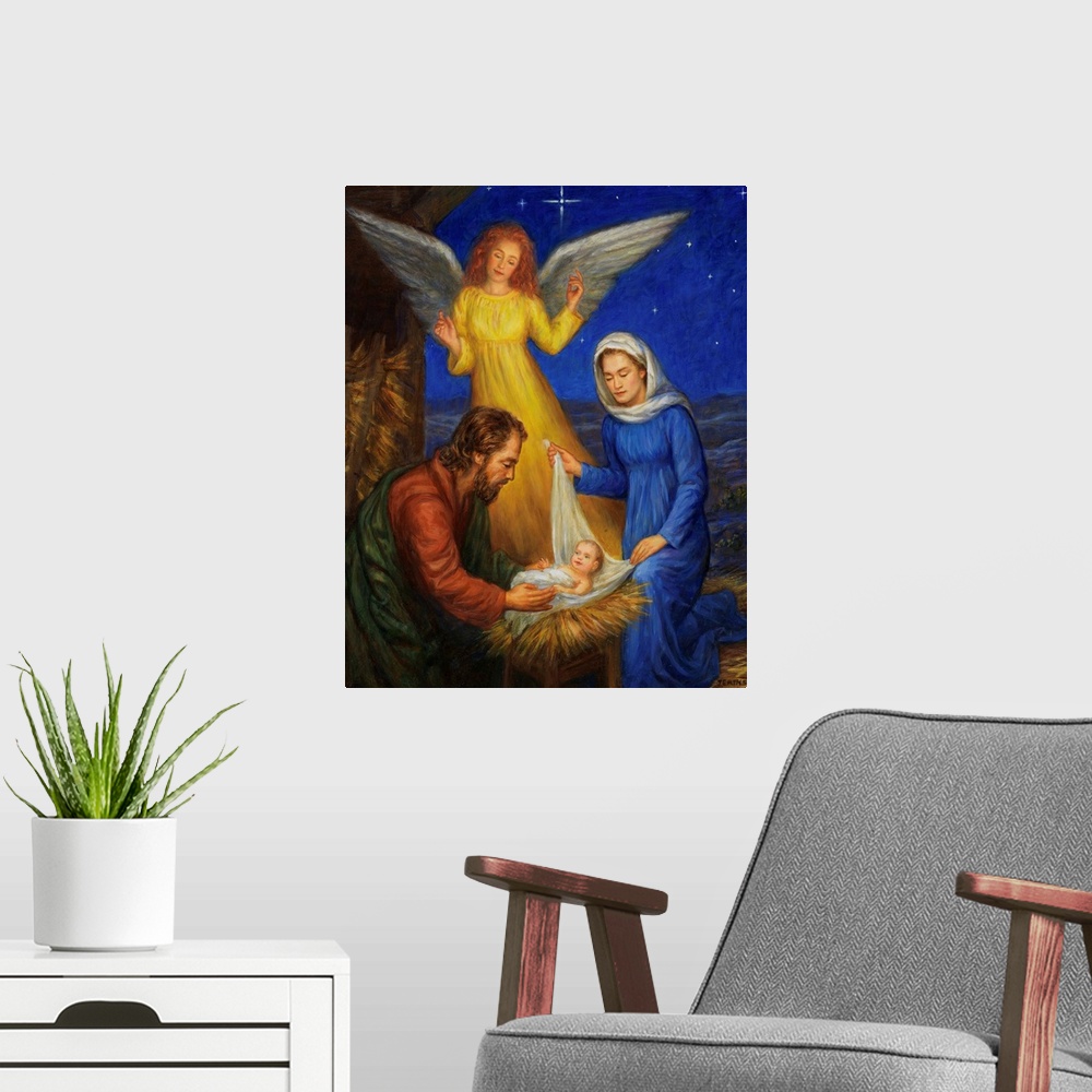 A modern room featuring The Savior Is Born