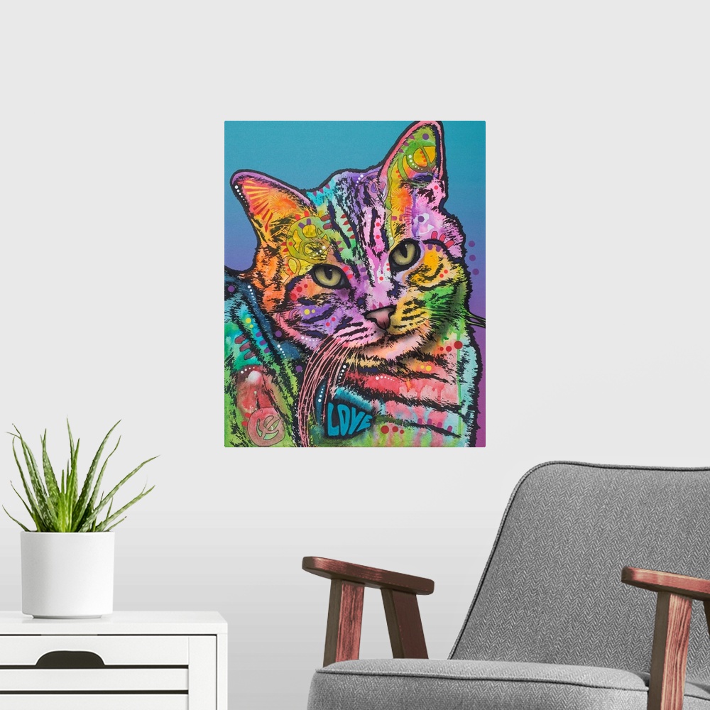 A modern room featuring Colorful illustration of a cat with abstract designs all over on a blue to purple gradient backgr...