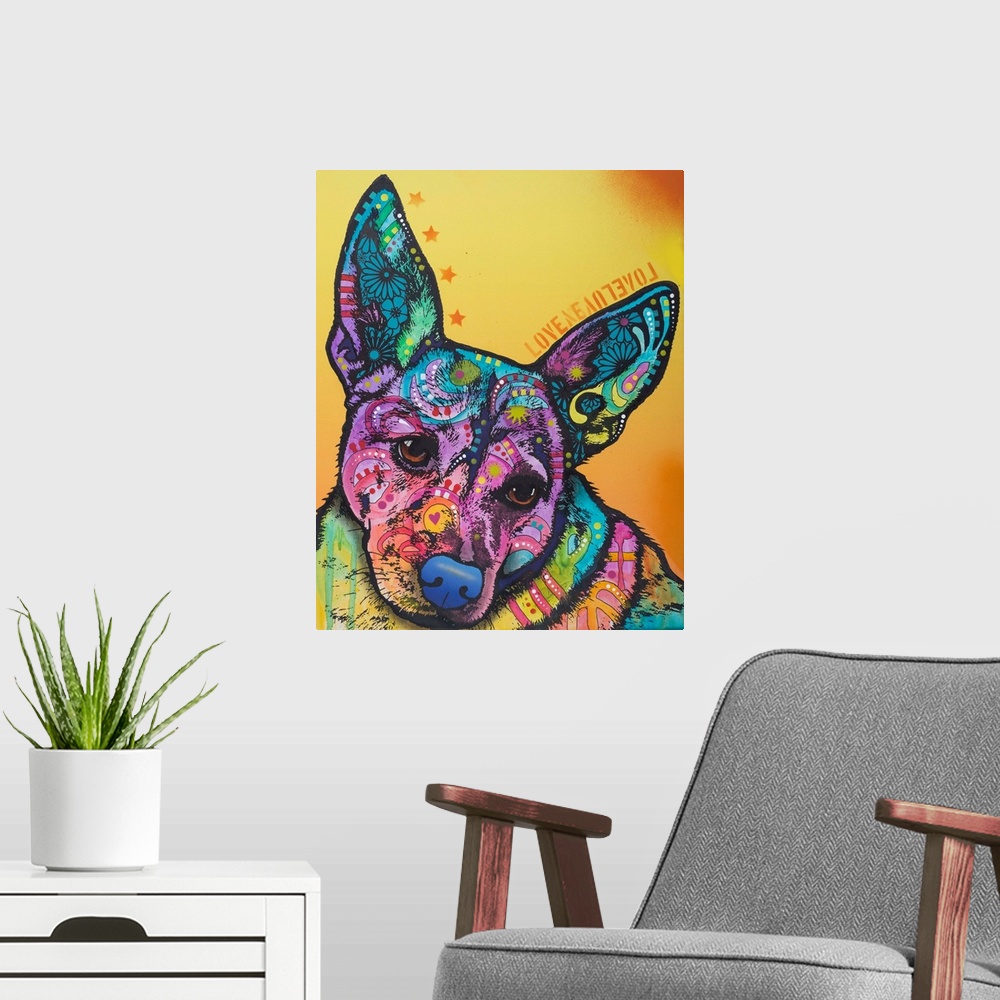 A modern room featuring Pop art style painting of a a dog with tall ears lined with stars and the word "love" backwards a...