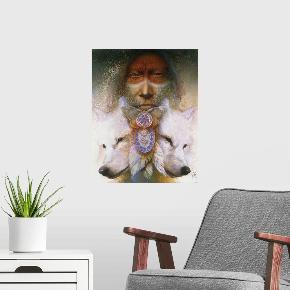 A modern room featuring A contemporary painting of a Native American man staring straight on with two white wolf heads at...