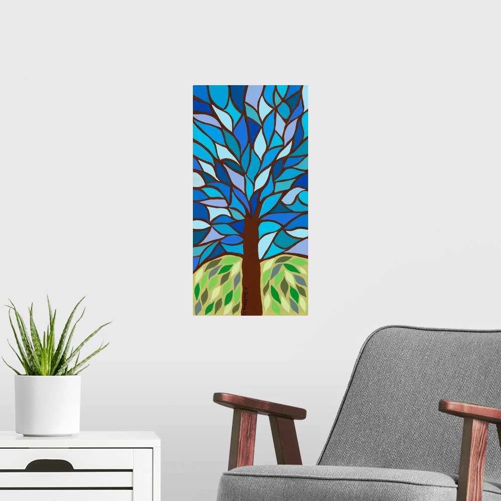 A modern room featuring Contemporary painting of a tree with branches breaking up the sky into a mosaic-like pattern.