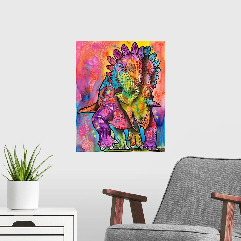 A modern room featuring Pop art style painting with a colorful Triceratops with abstract markings all over.